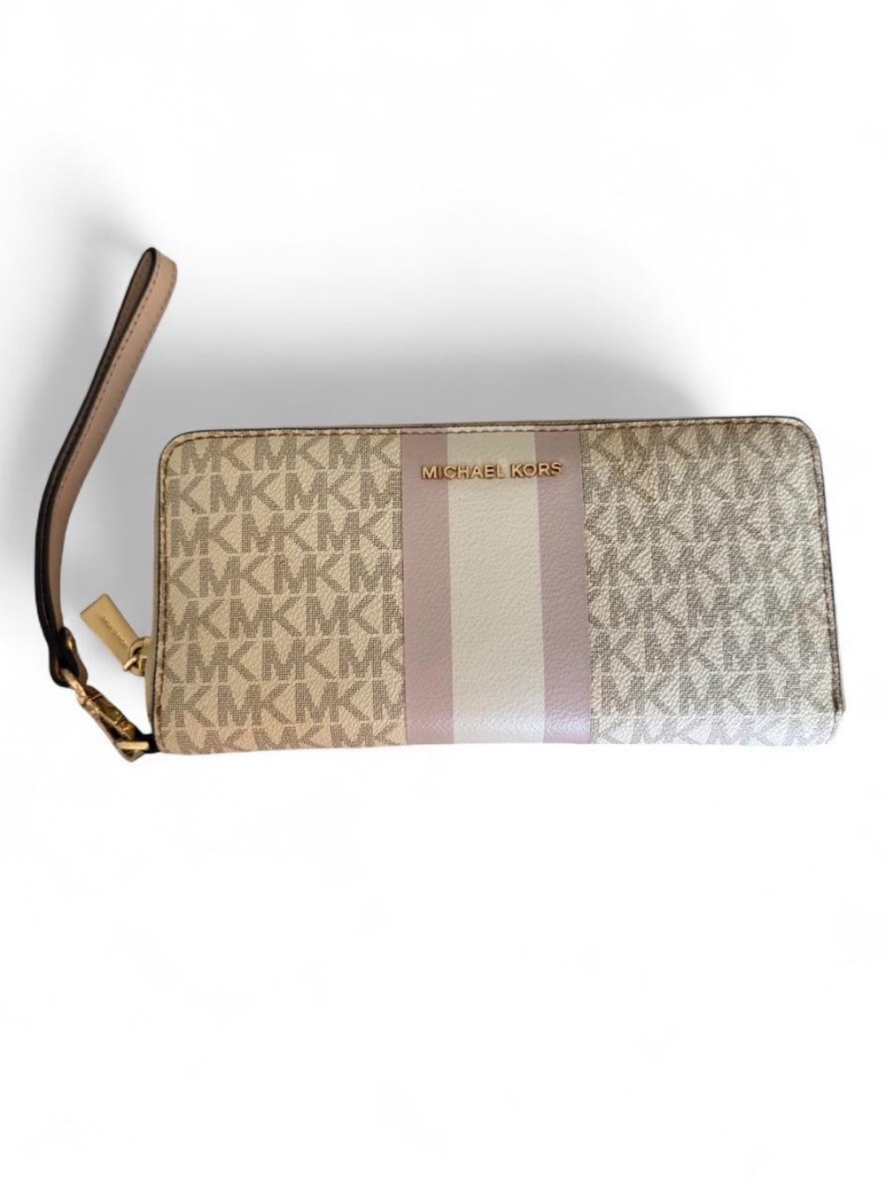 Michael Kors Beige Pink Stripe Signature Zip-Around Wristlet